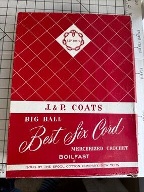 Vintage J&P Coats Big Ball Crochet Thread Box 12 Ecru #20 Mercerized Cotton